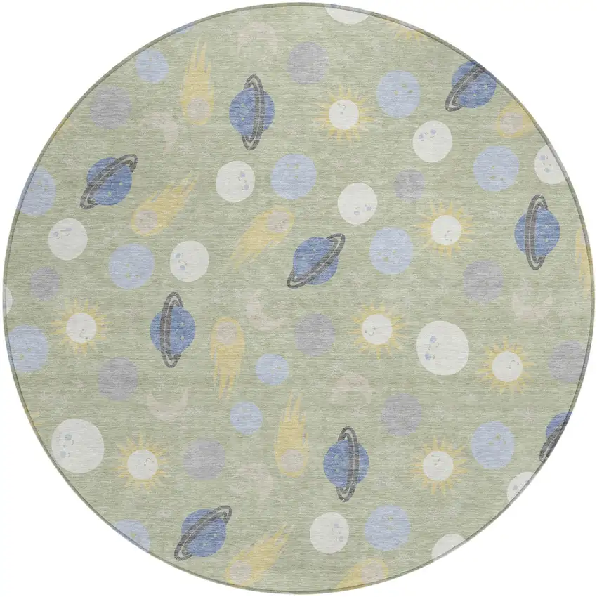 8' Green And Ivory Round Geometric Washable Indoor Outdoor Area Rug Photo 1