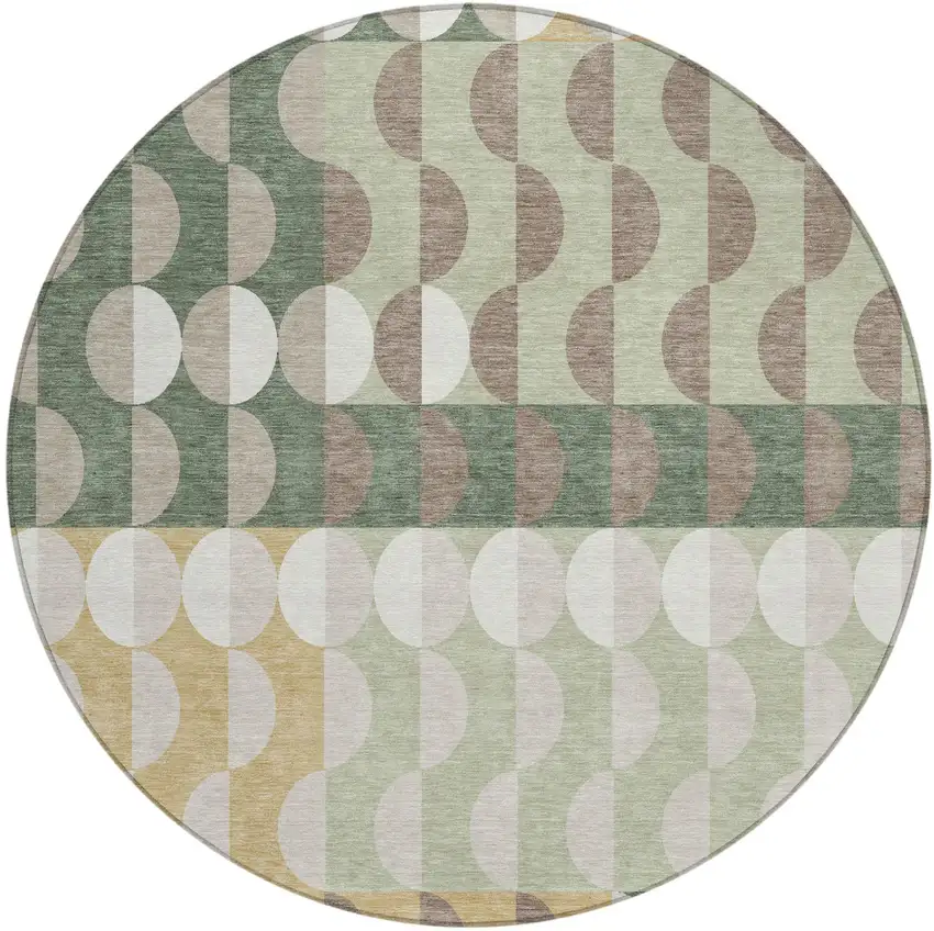 8' Green And Ivory Round Geometric Washable Indoor Outdoor Area Rug Photo 2