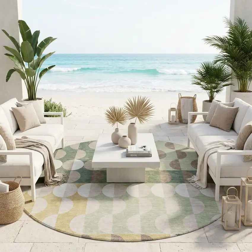 8' Green And Ivory Round Geometric Washable Indoor Outdoor Area Rug Photo 1