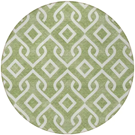 8' Green And Ivory Round Geometric Washable Indoor Outdoor Area Rug Photo 5