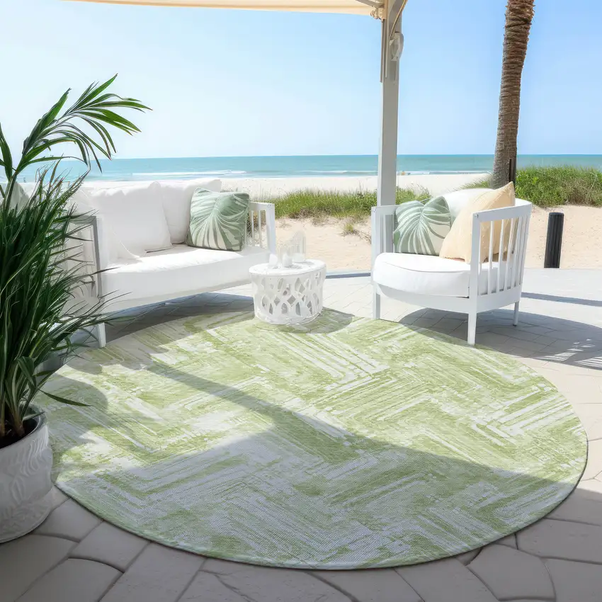 8' Green And Ivory Round Geometric Washable Indoor Outdoor Area Rug Photo 5