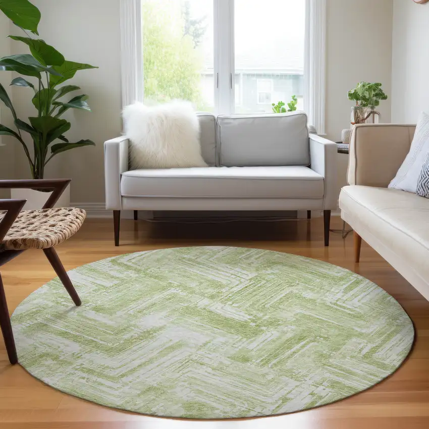 8' Green And Ivory Round Geometric Washable Indoor Outdoor Area Rug Photo 6