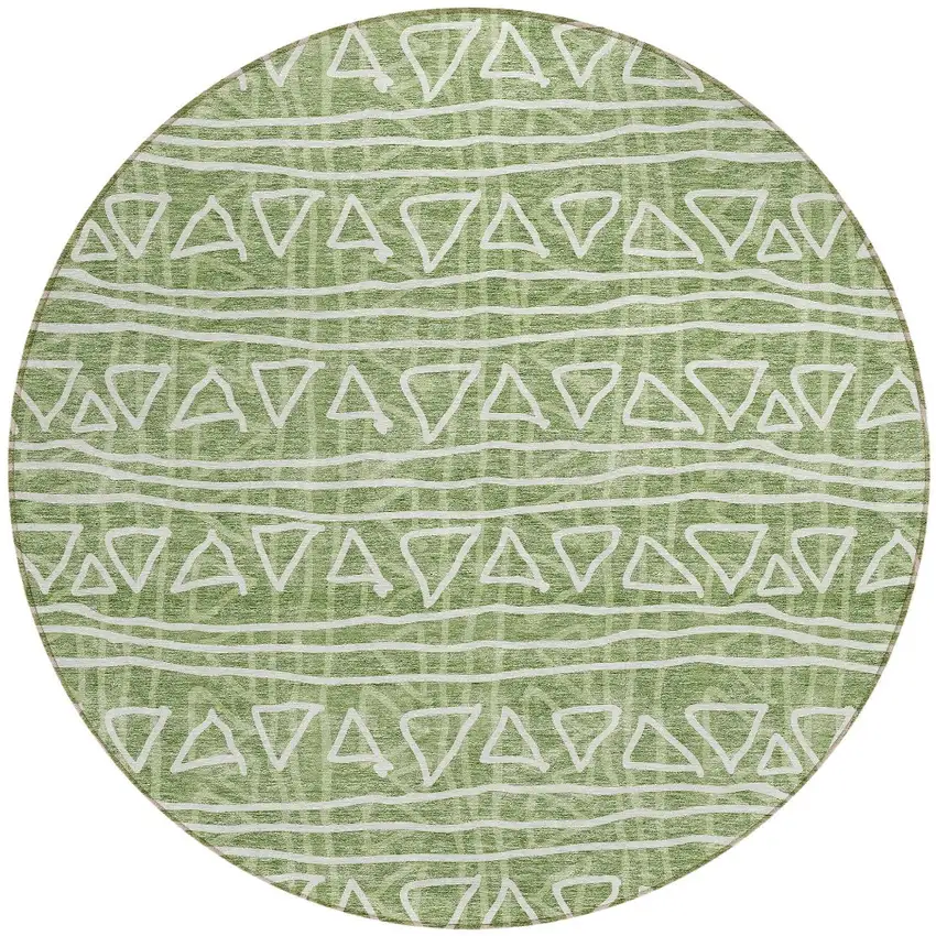 8' Green And Ivory Round Geometric Washable Indoor Outdoor Area Rug Photo 6