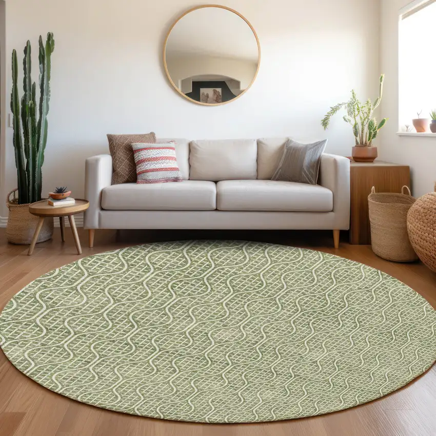 8' Green And Ivory Round Geometric Washable Indoor Outdoor Area Rug Photo 8