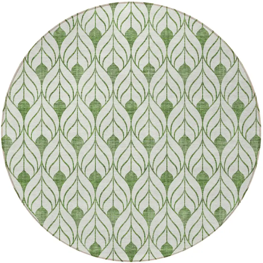 8' Green And Ivory Round Geometric Washable Indoor Outdoor Area Rug Photo 4