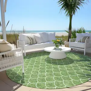Photo of 8' Green And Ivory Round Geometric Washable Indoor Outdoor Area Rug
