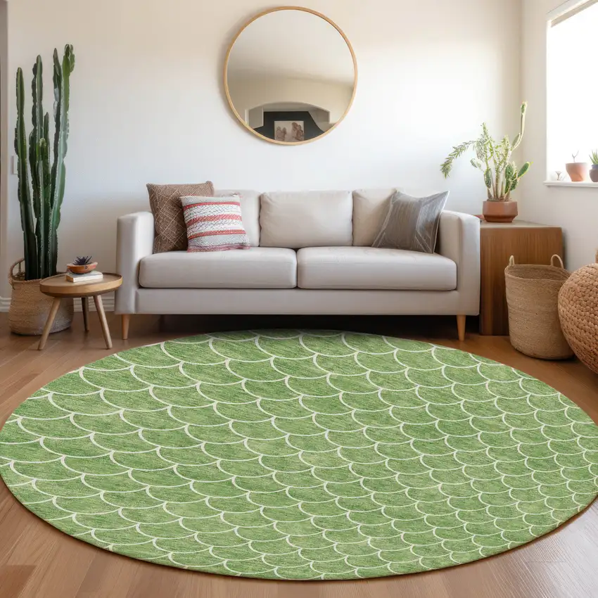 8' Green And Ivory Round Geometric Washable Indoor Outdoor Area Rug Photo 8