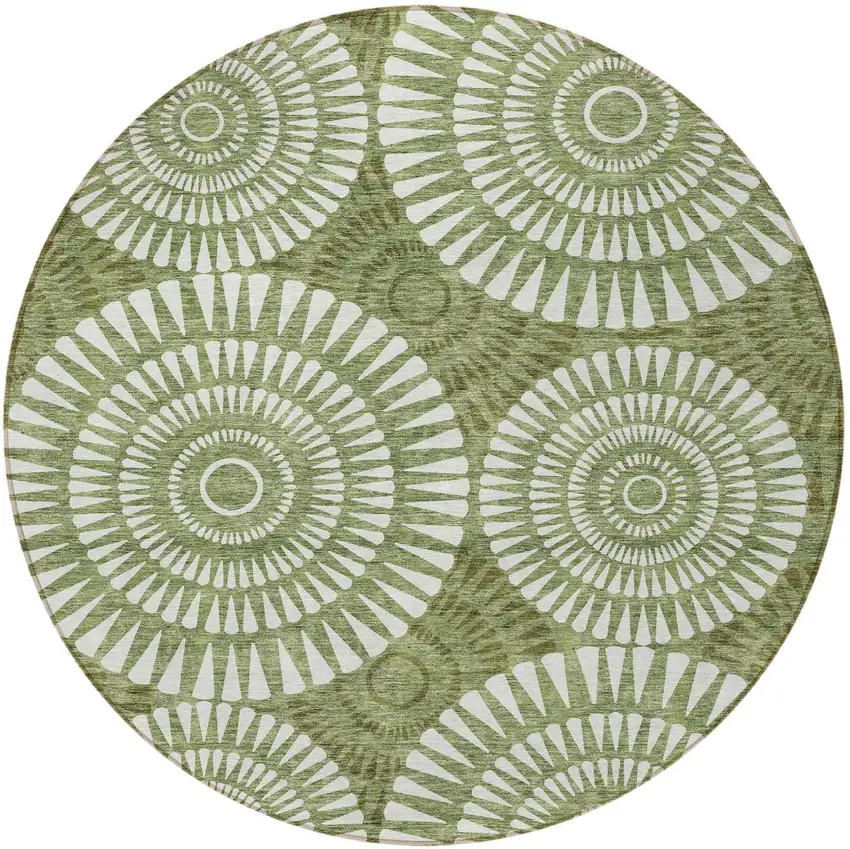8' Green And Ivory Round Geometric Washable Indoor Outdoor Area Rug Photo 6