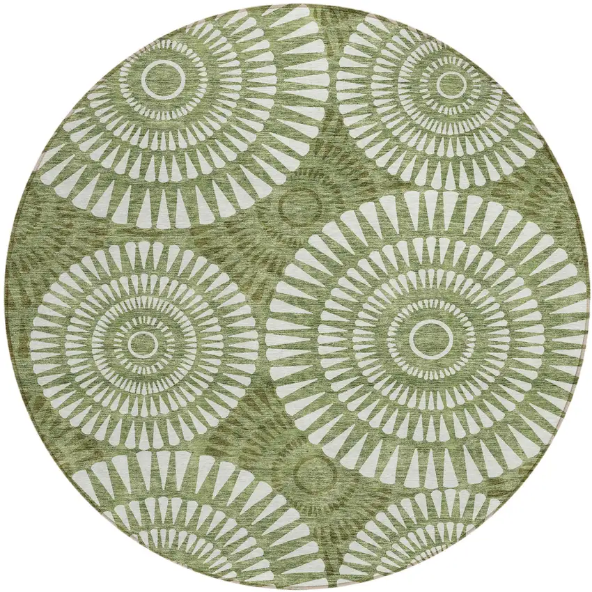8' Green And Ivory Round Geometric Washable Indoor Outdoor Area Rug Photo 2