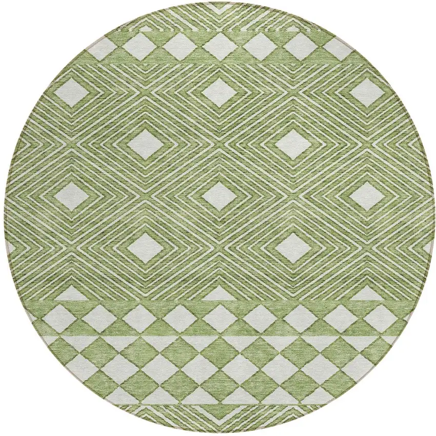 8' Green And Ivory Round Geometric Washable Indoor Outdoor Area Rug Photo 5
