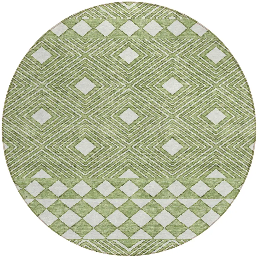 8' Green And Ivory Round Geometric Washable Indoor Outdoor Area Rug Photo 2
