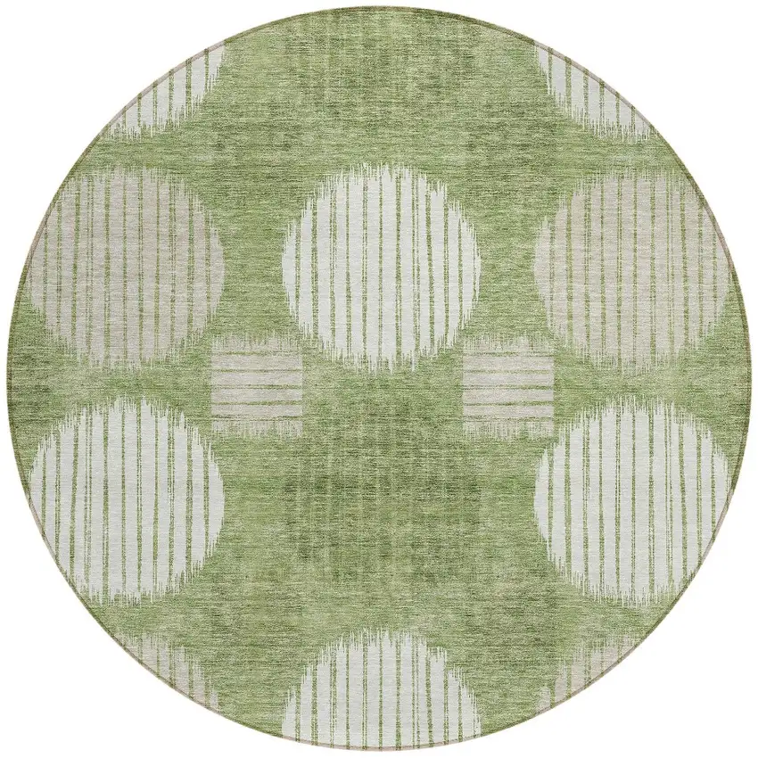 8' Green And Ivory Round Geometric Washable Indoor Outdoor Area Rug Photo 4