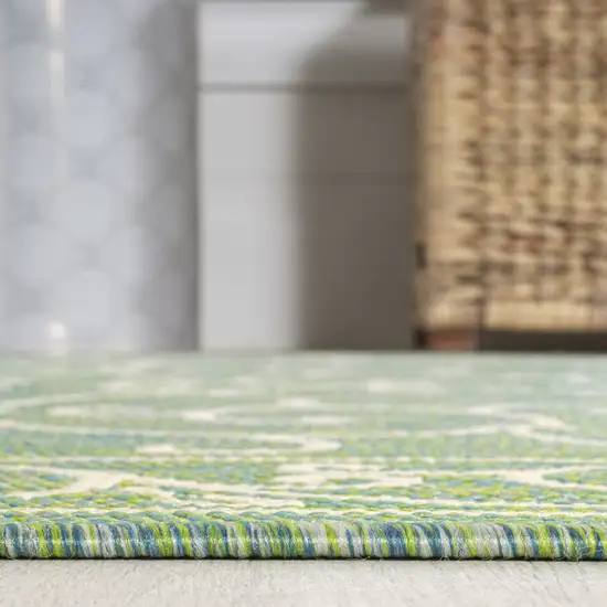 5' Green And Ivory Round Medallion Indoor Outdoor Area Rug Photo 8