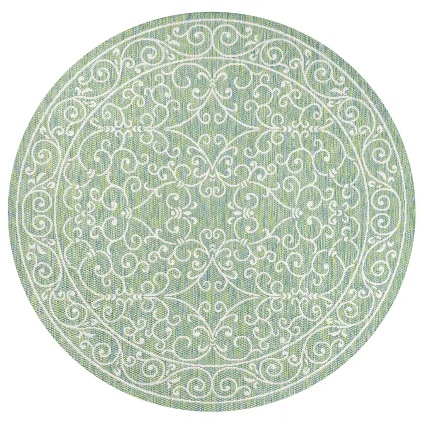 5' Green And Ivory Round Medallion Indoor Outdoor Area Rug Photo 1