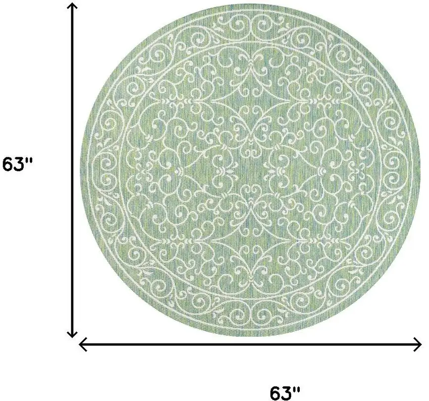 5' Green And Ivory Round Medallion Indoor Outdoor Area Rug Photo 9