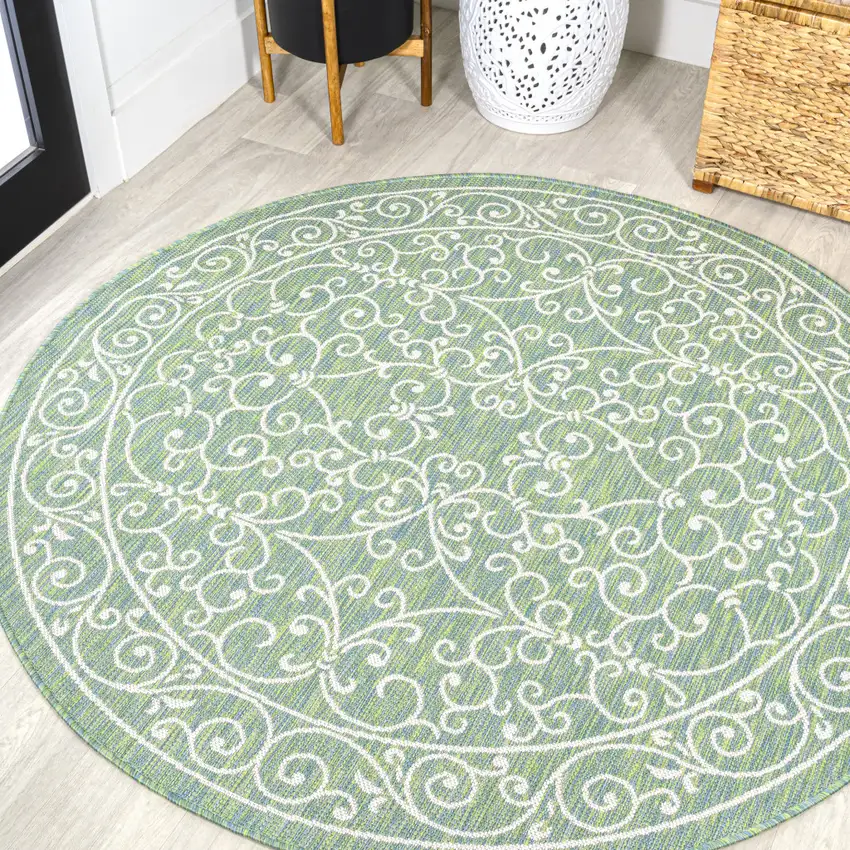 5' Green And Ivory Round Medallion Indoor Outdoor Area Rug Photo 4