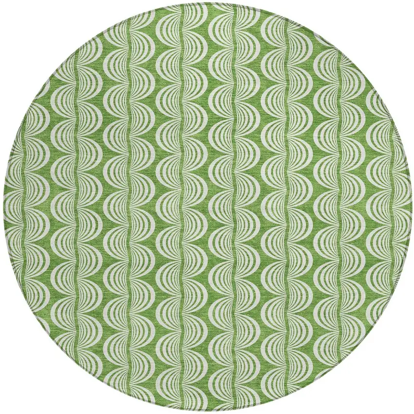 8' Green And Ivory Round Ogee Washable Indoor Outdoor Area Rug Photo 6