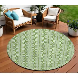 Photo of 8' Green And Ivory Round Ogee Washable Indoor Outdoor Area Rug