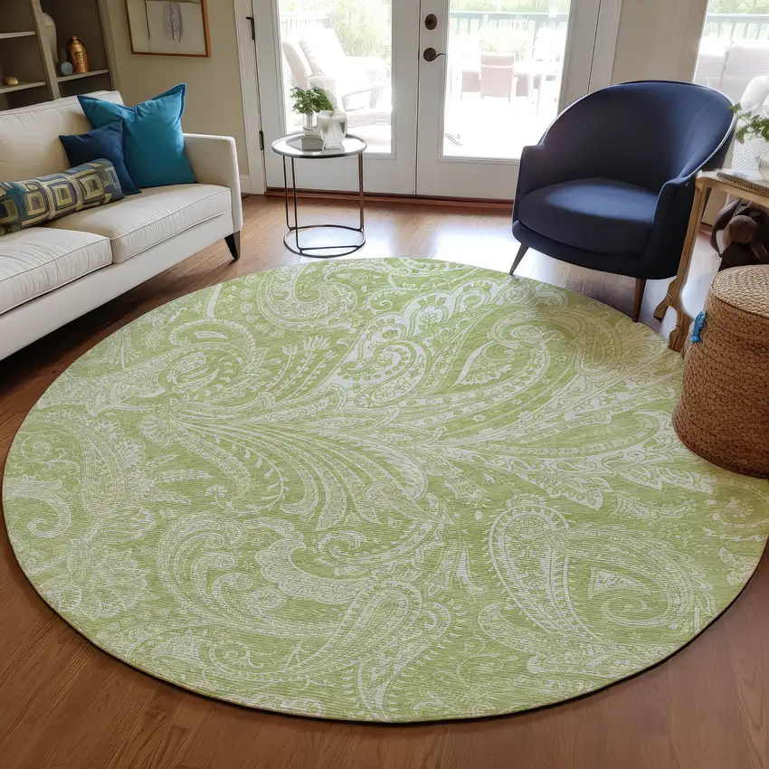 8' Green And Ivory Round Paisley Washable Indoor Outdoor Area Rug Photo 6