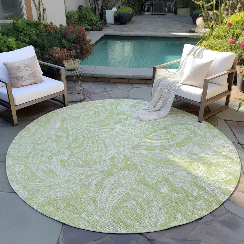8' Green And Ivory Round Paisley Washable Indoor Outdoor Area Rug Photo 5