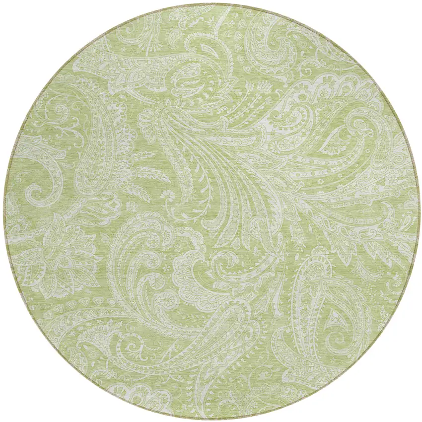 8' Green And Ivory Round Paisley Washable Indoor Outdoor Area Rug Photo 2
