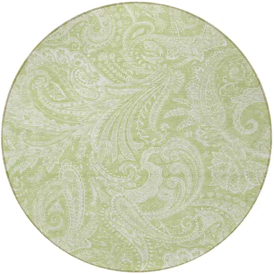 8' Green And Ivory Round Paisley Washable Indoor Outdoor Area Rug Photo 4