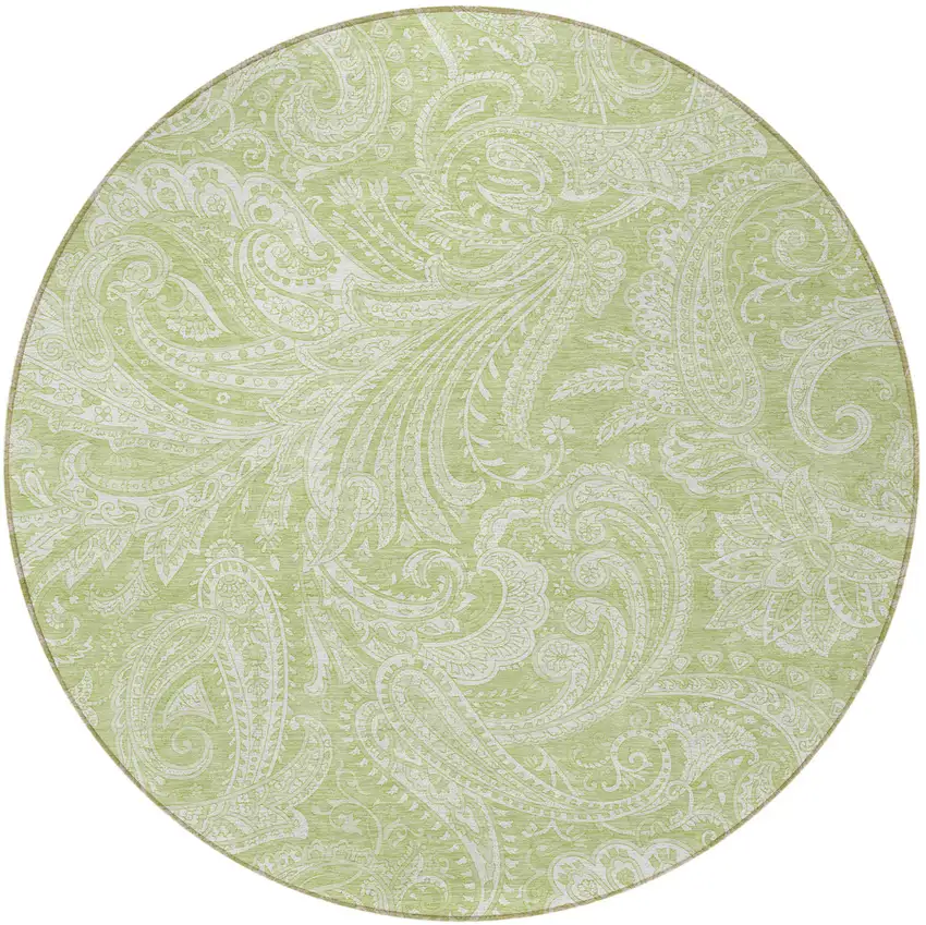 8' Green And Ivory Round Paisley Washable Indoor Outdoor Area Rug Photo 4