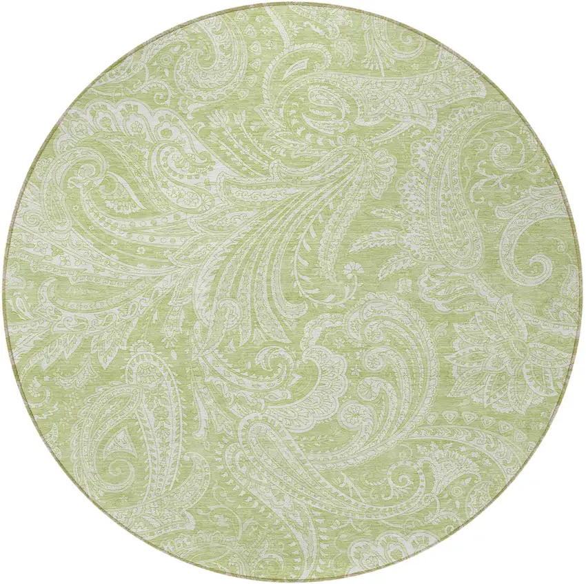 8' Green And Ivory Round Paisley Washable Indoor Outdoor Area Rug Photo 4