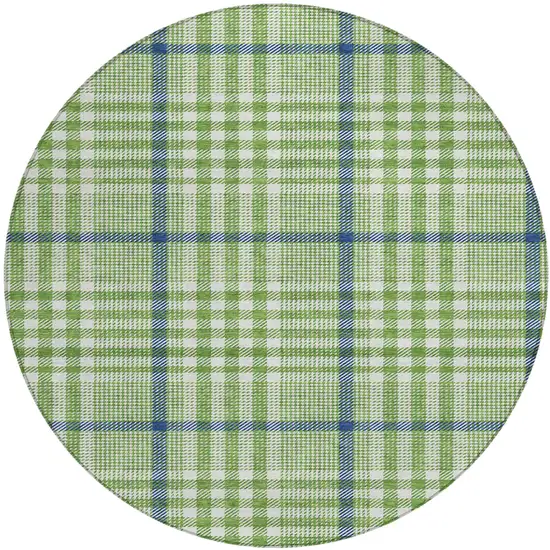 8' Green And Ivory Round Plaid Washable Indoor Outdoor Area Rug Photo 2