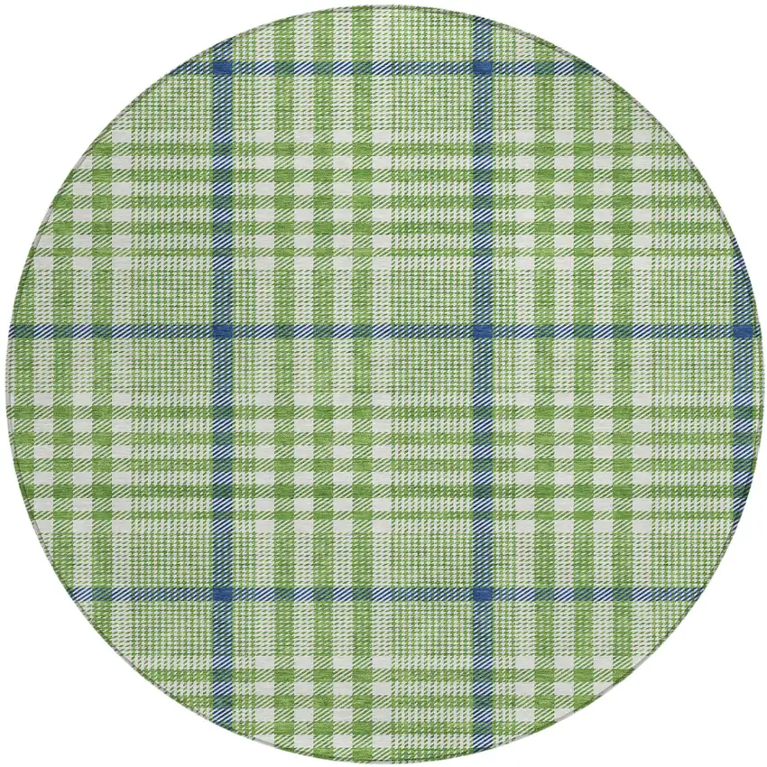 8' Green And Ivory Round Plaid Washable Indoor Outdoor Area Rug Photo 2
