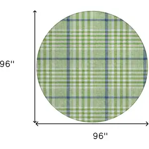 Photo of 8' Green And Ivory Round Plaid Washable Indoor Outdoor Area Rug