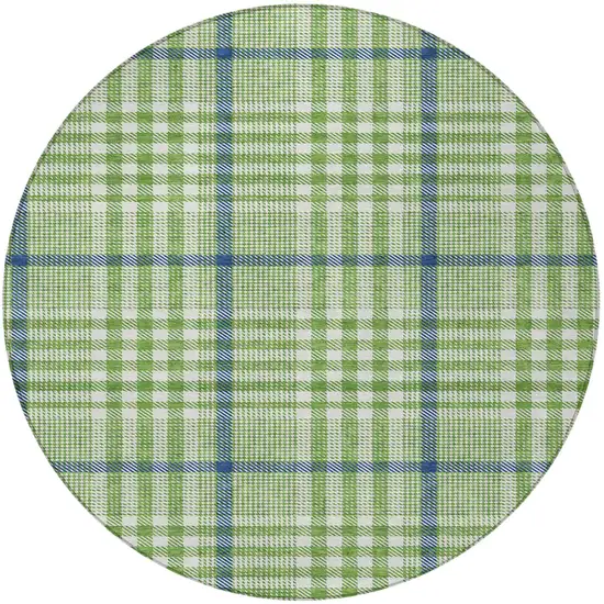 8' Green And Ivory Round Plaid Washable Indoor Outdoor Area Rug Photo 5