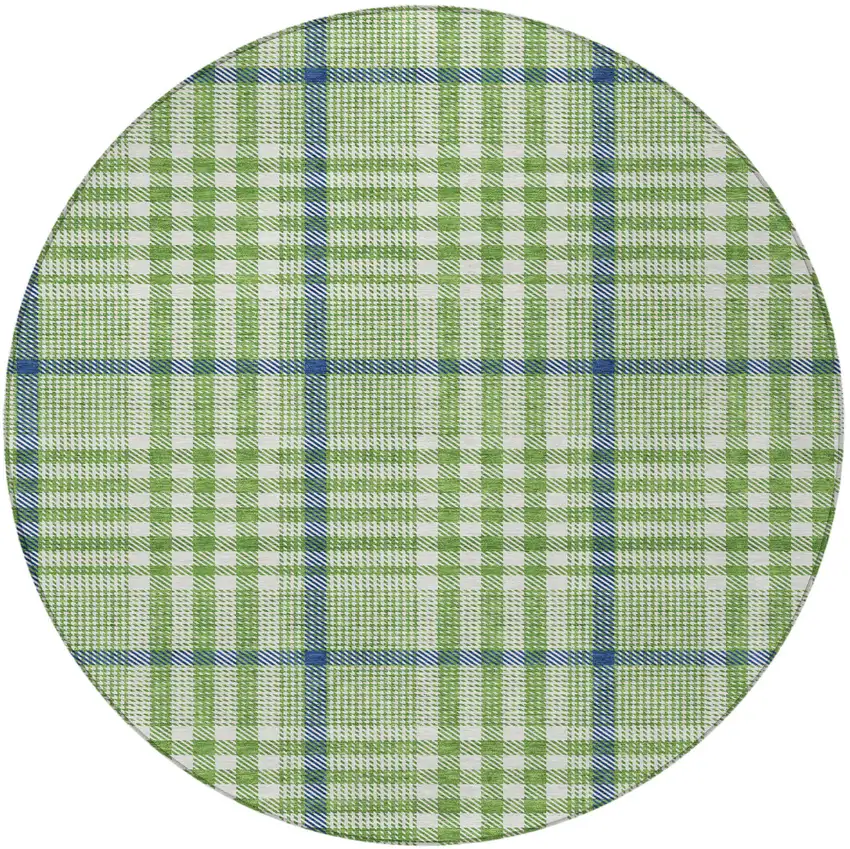 8' Green And Ivory Round Plaid Washable Indoor Outdoor Area Rug Photo 5