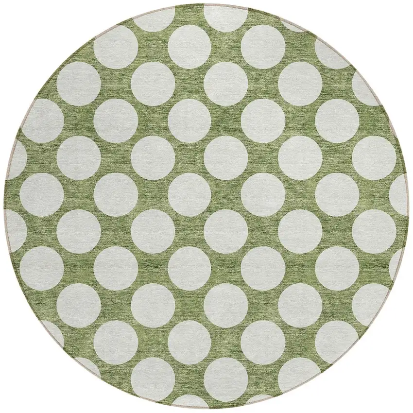 8' Green And Ivory Round Polka Dot Washable Indoor Outdoor Area Rug Photo 5