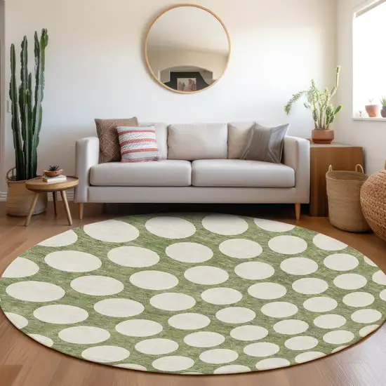 8' Green And Ivory Round Polka Dot Washable Indoor Outdoor Area Rug Photo 7