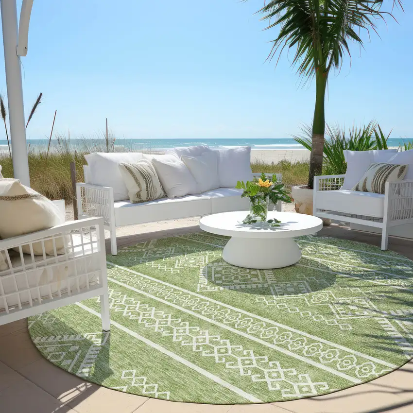 8' Green And Ivory Round Southwestern Washable Indoor Outdoor Area Rug Photo 7