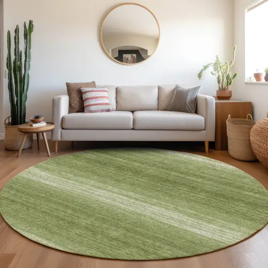 8' Green And Ivory Round Striped Washable Indoor Outdoor Area Rug Photo 7