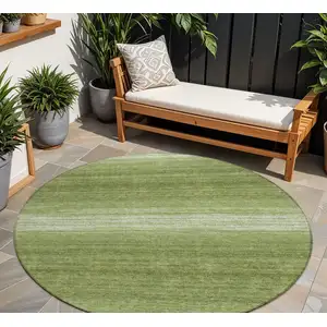 Photo of 8' Green And Ivory Round Striped Washable Indoor Outdoor Area Rug