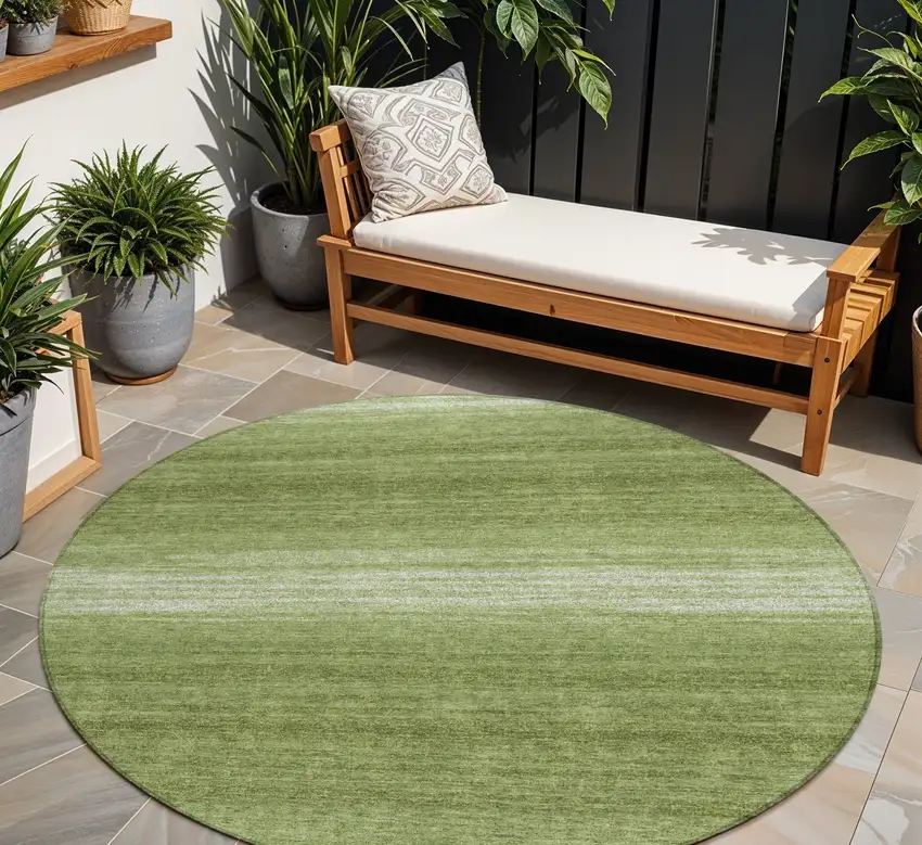 8' Green And Ivory Round Striped Washable Indoor Outdoor Area Rug Photo 1