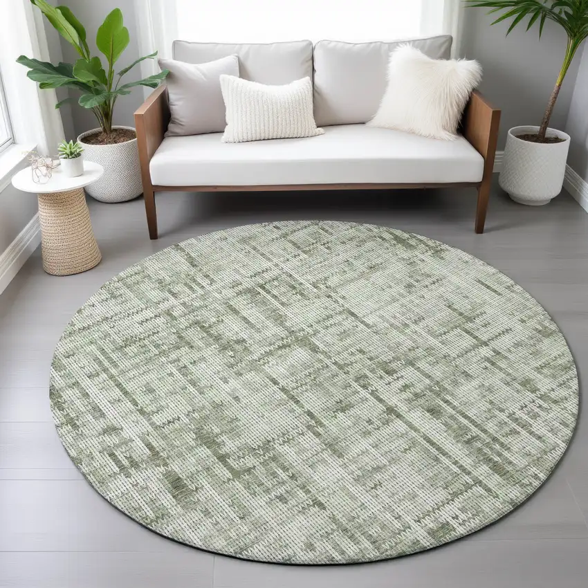 8' Green And Ivory Round Striped Washable Indoor Outdoor Area Rug Photo 5