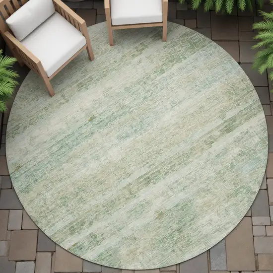 8' Green And Ivory Round Striped Washable Indoor Outdoor Area Rug Photo 6