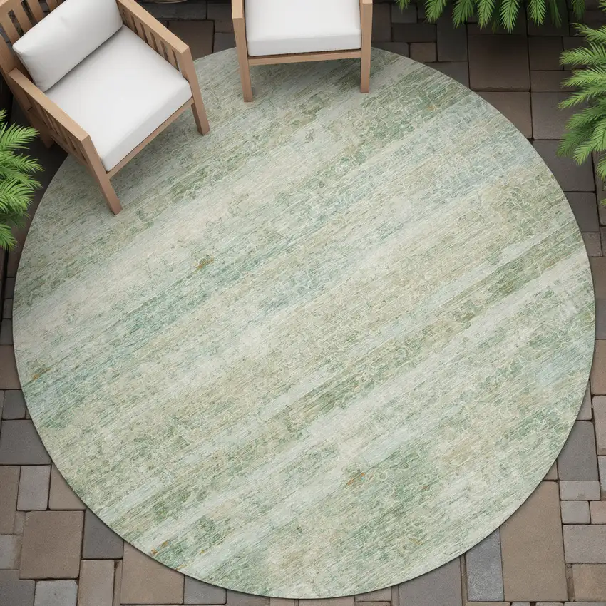 8' Green And Ivory Round Striped Washable Indoor Outdoor Area Rug Photo 6