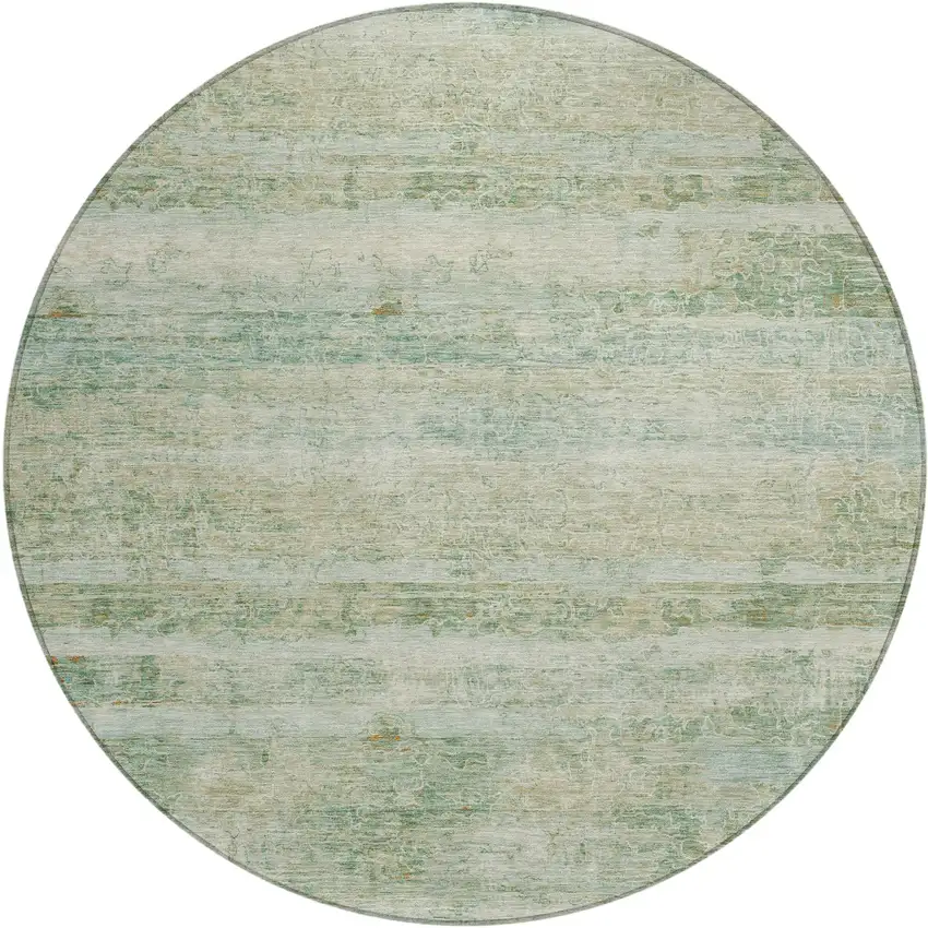 8' Green And Ivory Round Striped Washable Indoor Outdoor Area Rug Photo 1