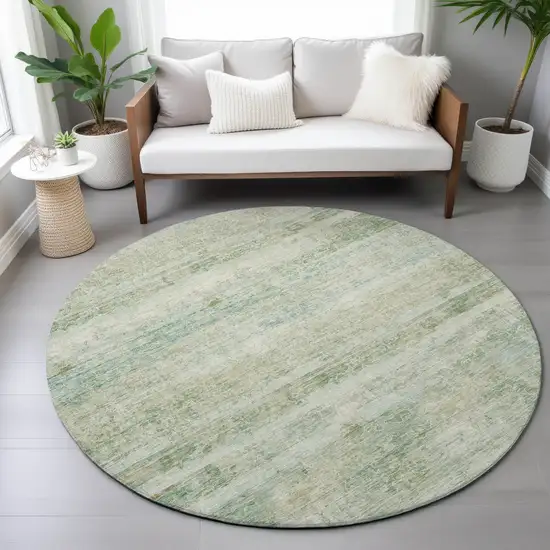 8' Green And Ivory Round Striped Washable Indoor Outdoor Area Rug Photo 7
