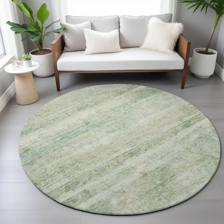 8' Green And Ivory Round Striped Washable Indoor Outdoor Area Rug Photo 7