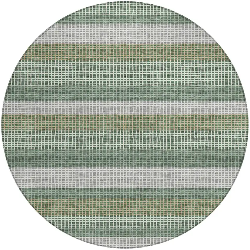 8' Green And Ivory Round Striped Washable Indoor Outdoor Area Rug Photo 2