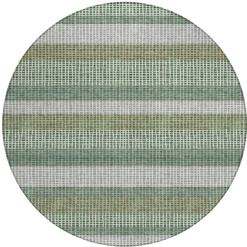 8' Green And Ivory Round Striped Washable Indoor Outdoor Area Rug Photo 4
