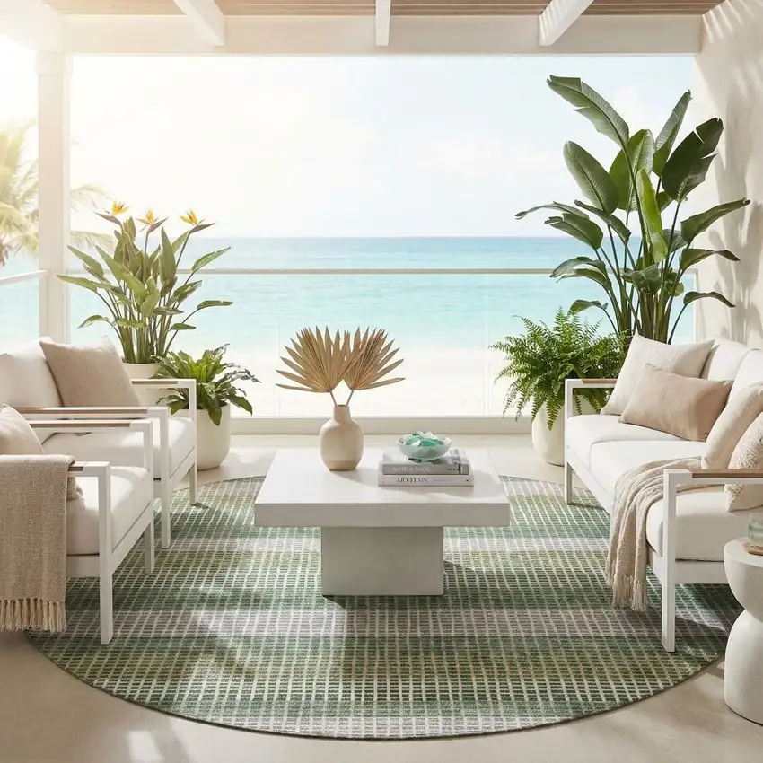 8' Green And Ivory Round Striped Washable Indoor Outdoor Area Rug Photo 1