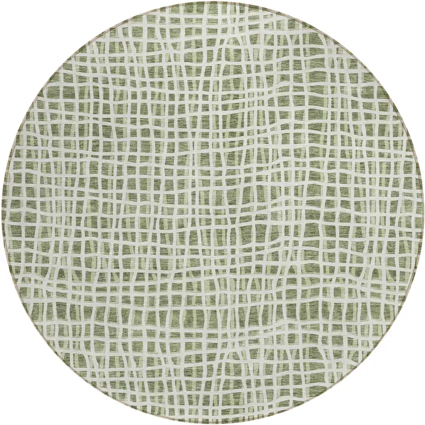 8' Green And Ivory Round Striped Washable Indoor Outdoor Area Rug Photo 1