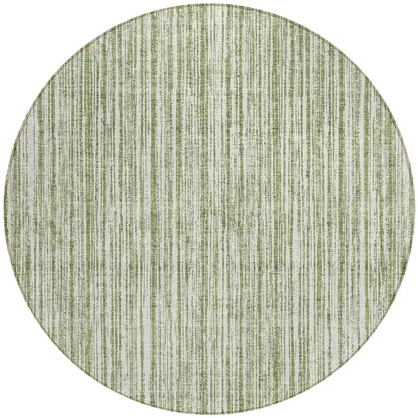 8' Green And Ivory Round Striped Washable Indoor Outdoor Area Rug Photo 5